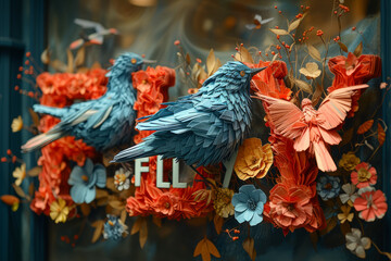 An assemblage of colorful origami birds shaping the word "FLY" in a whimsical display. Concept of freedom and imagination. Generative Ai.