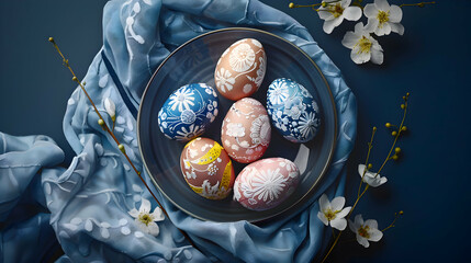 Exquisitely decorated Easter eggs nestled amidst neatly folded napkins on a deep blue surface, offering a striking top-down perspective