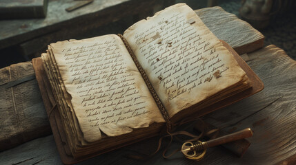 A well-worn leather-bound journal open to a page filled with elegant cursive handwriting