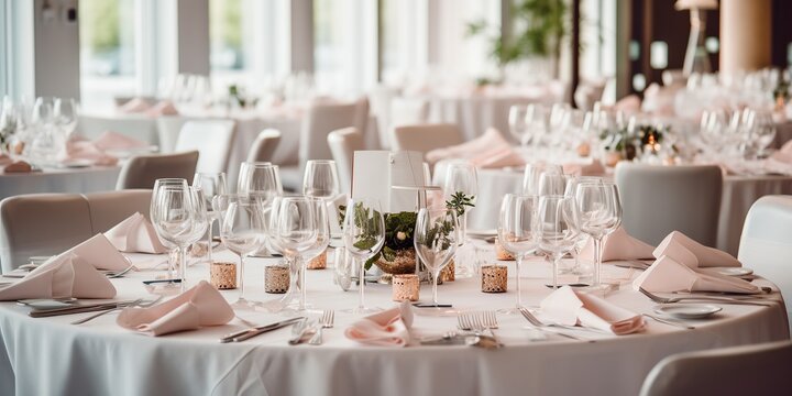 Wedding table set for fine dining. Luxurious wedding reception venue with elegant table settings.