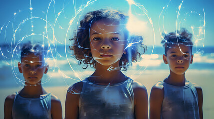 Futuristic Children with Holographic Mind Interface on the Beach. Perfect for technology and education concepts.