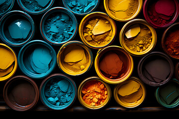 Artistic Array of Paint Cans
Top view of open paint cans with vibrant colors, perfect for art,...