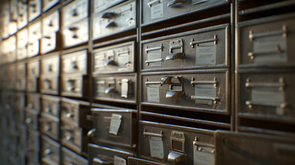 A row of vintage, metal filing cabinets filled with neatly organized index cards and documents - obrazy, fototapety, plakaty