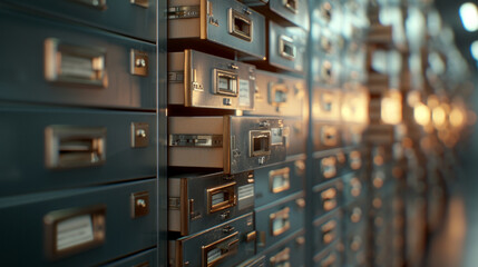A row of vintage, metal filing cabinets filled with neatly organized index cards and documents