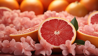 Freshness of nature juicy grapefruit, ripe orange, and vibrant lemon generated by AI - obrazy, fototapety, plakaty