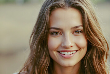 Close-up portrait of a gorgeous girl outdoor on a winter windy day. Young beautiful woman smiling happily outdoors.