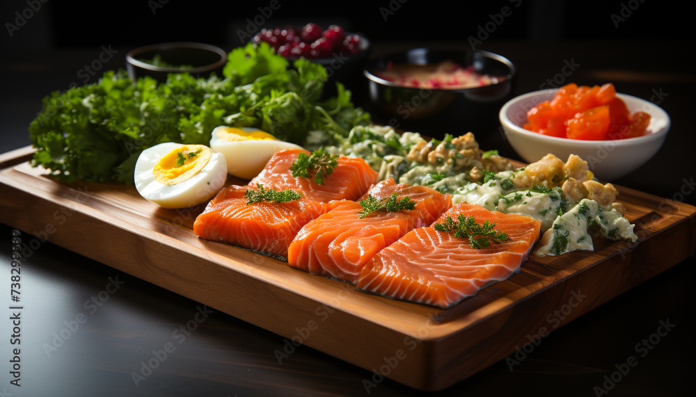 Wall mural Fresh seafood meal, healthy eating, wood table, Japanese culture, sushi generated by AI - Wall murals