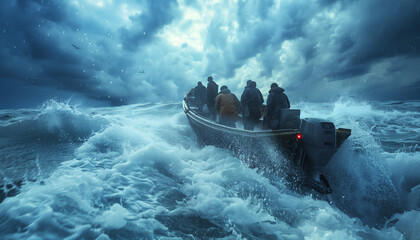Brutal men team departing in motor boat vessel heading in open stormy sea for night fishing. Hard...
