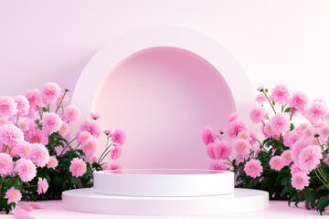 3d render, abstract minimal scene with geometrical forms, podiums, palm leaves, flowers on a pink background.