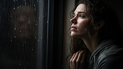 Grief-stricken Woman Gazing Out a Rain-Streaked Window, Lost in Thought