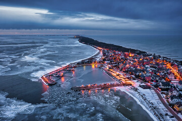 Frozen Bay of Puck near Kuznica at sunset, Hel Peninsula. Poland