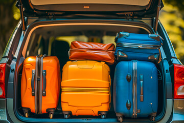 modern SUV car trunk open and full of suitcases and bags to return from summer holidays