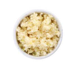Chopped garlic in bowl isolated on white, top view