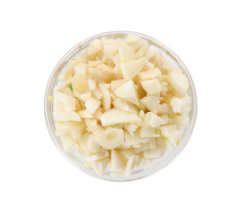 Pieces of fresh garlic in bowl isolated on white, top view