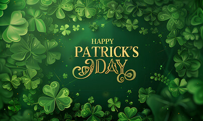 Happy Patrick's day greeting on green shamrock background. Holiday and religion concept. For st patricks day celebration. Frame illustration backdrop for poster, banner, flyer, greeting card