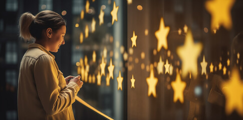 A beautiful girl pressing the glowing star rating on a visual screen, smiling girl touches the digital hologram screen to rate her customer experience, Virtual testimonial banner, star rating feedback
