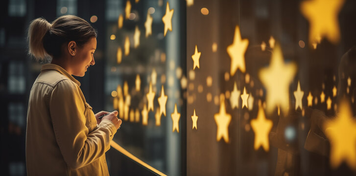 A Beautiful Girl Pressing The Glowing Star Rating On A Visual Screen, Smiling Girl Touches The Digital Hologram Screen To Rate Her Customer Experience, Virtual Testimonial Banner, Star Rating Feedback