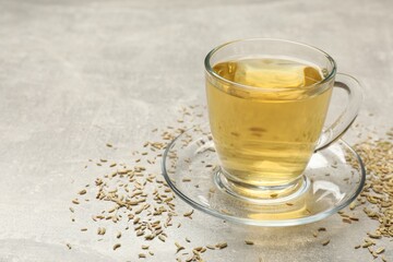 Aromatic fennel tea in cup and seeds on light grey table, closeup. Space for text