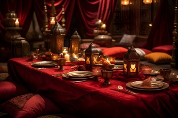 Fototapeta na wymiar Arabian Nights Feast: Silk Draped Tables and Spic