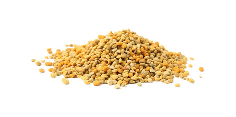 Pile of fresh bee pollen granules isolated on white