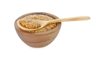 Fresh whole grain mustard in bowl and spoon isolated on white