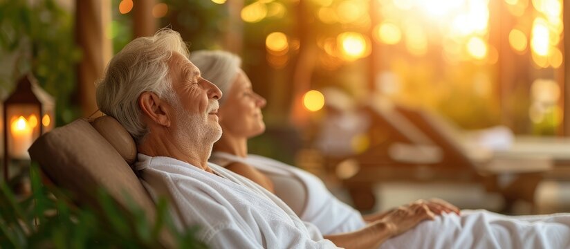 Elderly couple receiving hot stone back massage for health and relaxation at a natural salon on a retirement retreat.