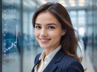 Young business woman wearing classic outfit walking down the corridor of office building with large glass windows and trading chart background, stock price theme