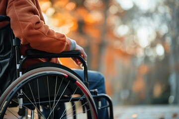 Obraz premium Male hand on wheelchair in the park with sunlights