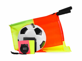 Football referee equipment. Soccer ball, flags, stopwatch, cards and whistle isolated on white