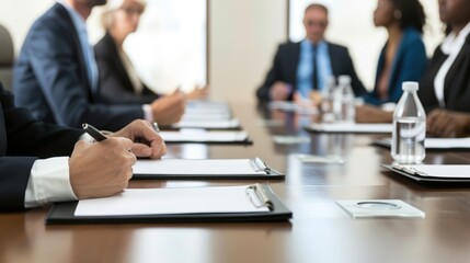 A diverse group of businesspeople, dressed in professional clothing, sit around a large table in an office building, collaborating and managing their jobs while discussing strategies and ideas on the