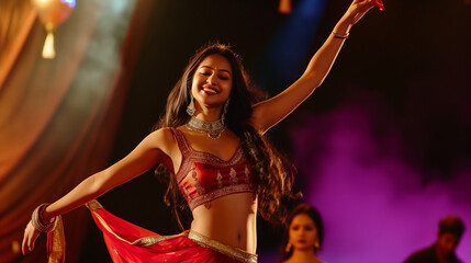 A South Asian woman with long brown hair, in a vibrant red sari, joyfully dances on stage