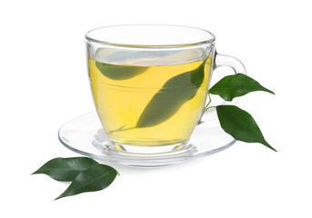 Fresh green tea in glass cup, leaves and saucer isolated on white