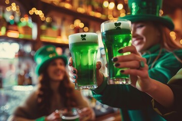 St. Patrick's Day. Young friends in green leprechaun elf costumes and having fun in bar