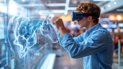 A young man is using virtual reality to interact with a 3D model of a horse in a tech environment.