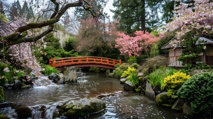 Fototapeta na wymiar a tranquil Japanese garden adorned with cherry blossoms, trickling streams, and intricately designed bridges, providing a peaceful retreat from the bustling cityscape.