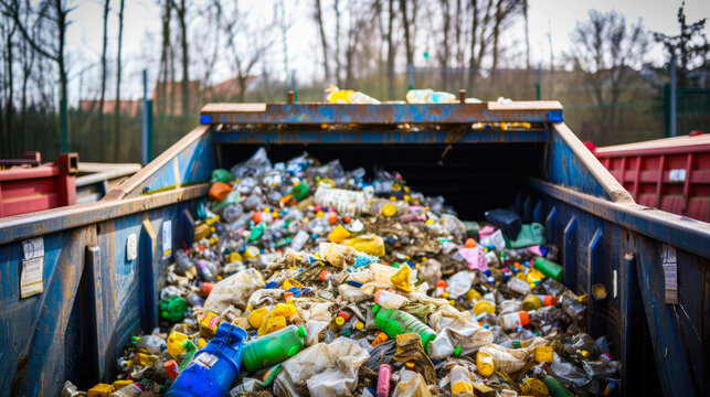 A mountain of discarded plastic bottles spills out of an overflowing dumpster, a stark reminder of the damaging effects of litter and waste on our outdoor environment