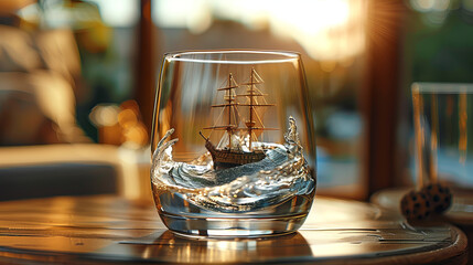 A ship in a water glass. - obrazy, fototapety, plakaty