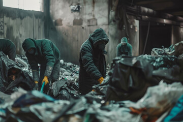 A ragtag group of individuals huddle amongst discarded garments, their faces a mix of despair and determination as they sift through the remnants of a broken society - obrazy, fototapety, plakaty