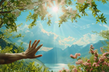 A picturesque scene of the creation of Adam in the Garden of Eden, with God's hand reaching out to give life, surrounded by the untouched beauty of paradise. - obrazy, fototapety, plakaty