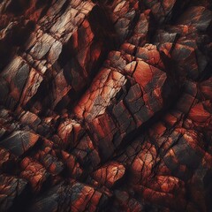 Fototapeta na wymiar Dark red orange brown rock texture with cracks. Close-up. Rough mountain surface. Stone granite background for design. Nature. Generative AI.