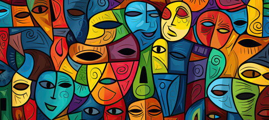 Colorful illustration of Pattern of a group of faces with different emotions background