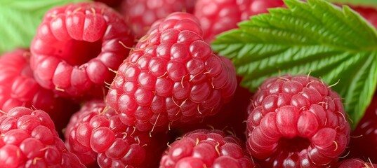 Close up view of ripe, vibrant red raspberries with textured detail and a few lush green leaves