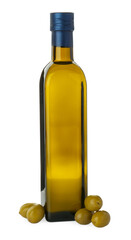 Vegetable fats. Olive oil in glass bottle and olives isolated on white