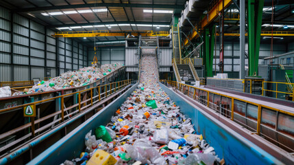 A bustling, cluttered factory floor with an endless stream of trash gliding along the indoor conveyor belt, a stark reminder of our society's excess and environmental impact