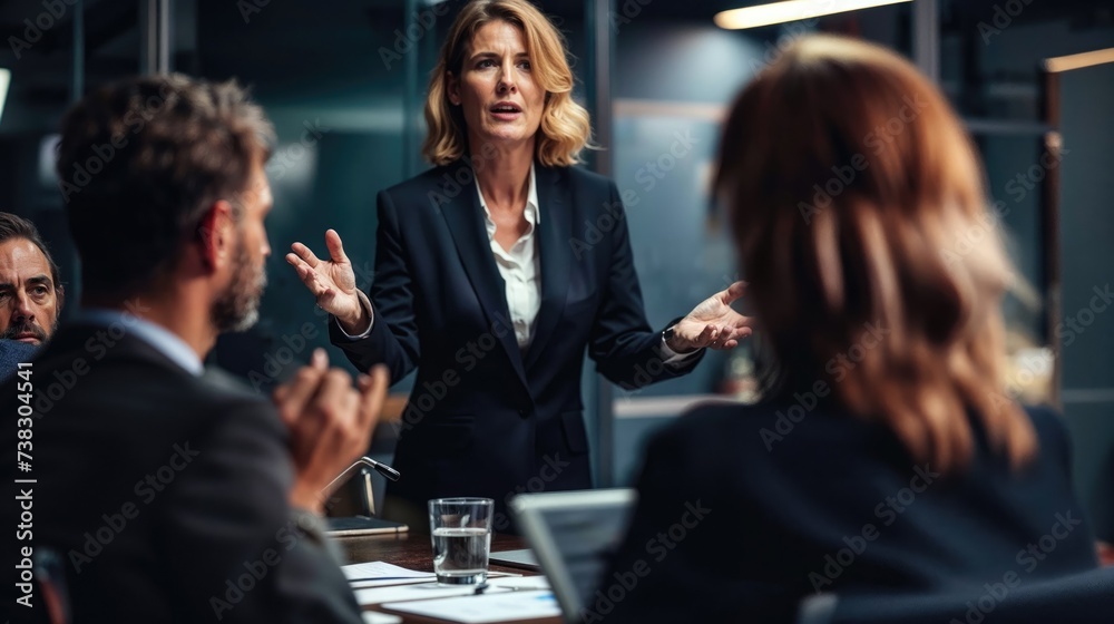 Wall mural a confident woman leads a conversation with a group of businesspeople at an indoor event, dressed in