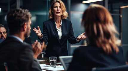 A confident woman leads a conversation with a group of businesspeople at an indoor event, dressed in a sleek suit and exuding powerful management skills - obrazy, fototapety, plakaty