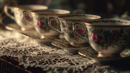 A row of antique porcelain teacups with delicate floral patterns, displayed on a lace doily - obrazy, fototapety, plakaty