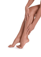 Woman with beautiful legs on white background, closeup