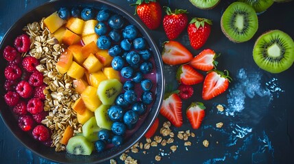 A vibrant fruit smoothie bowl topped with a rainbow of fresh berries, sliced fruits, and granola.