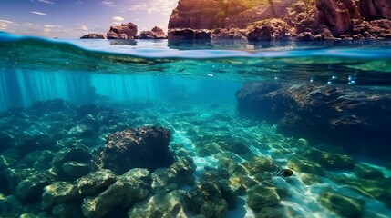 Underwater view of the rocks  in the Mediterranean Sea.  Beautiful seascape with turquoise sea water. Composition of nature. Beautiful seascape with crystal clear water. 3d render